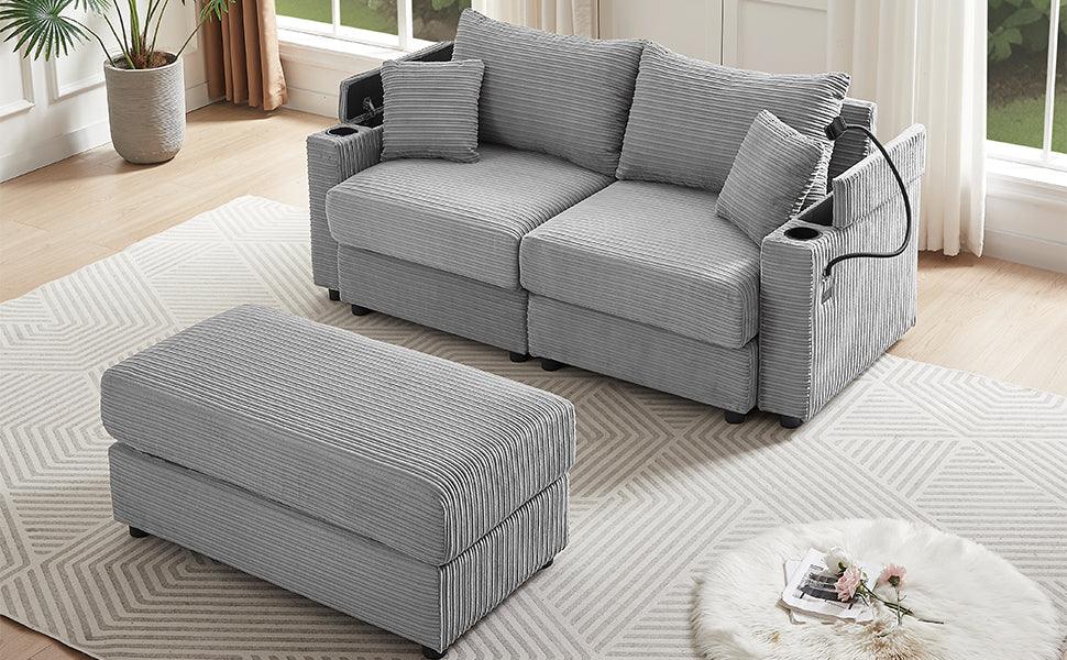 Modern Style Loveseat With Storage, Ottoman, Two USB Ports, Two Cup Holders and Phone Holder - Gray - Furniture Home Direct