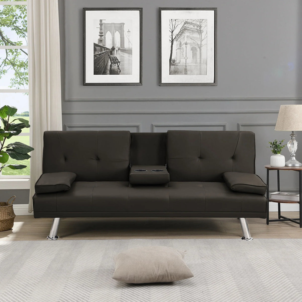 Sofa Bed With Armrest Two Holders Wood Frame, Stainless Leg Futon - Furniture Home Direct