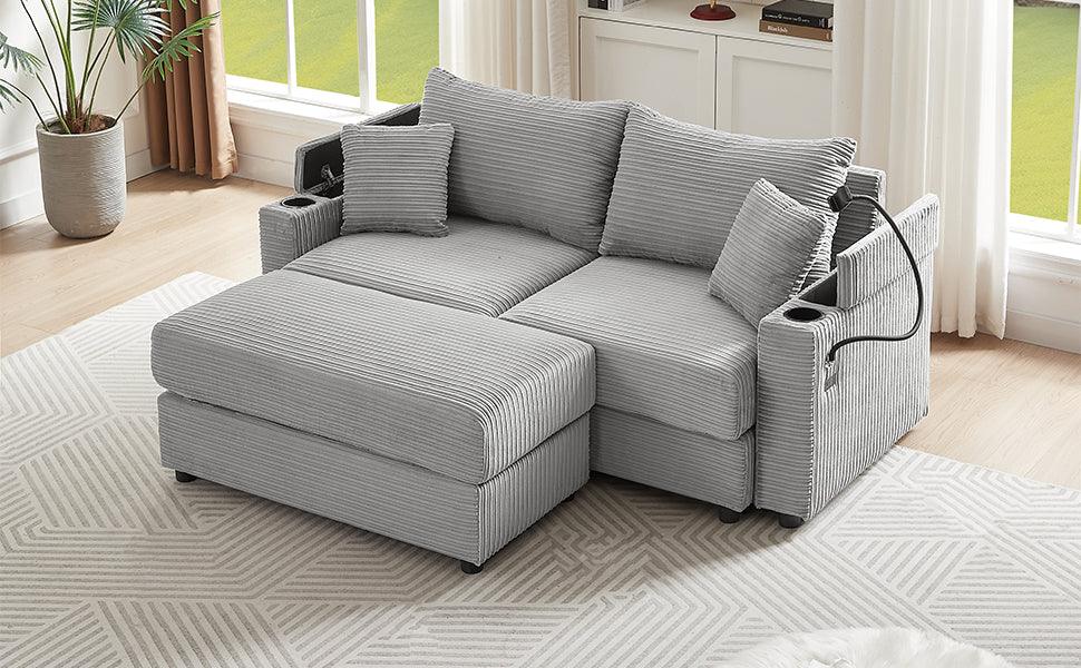 Modern Style Loveseat With Storage, Ottoman, Two USB Ports, Two Cup Holders and Phone Holder - Gray - Furniture Home Direct