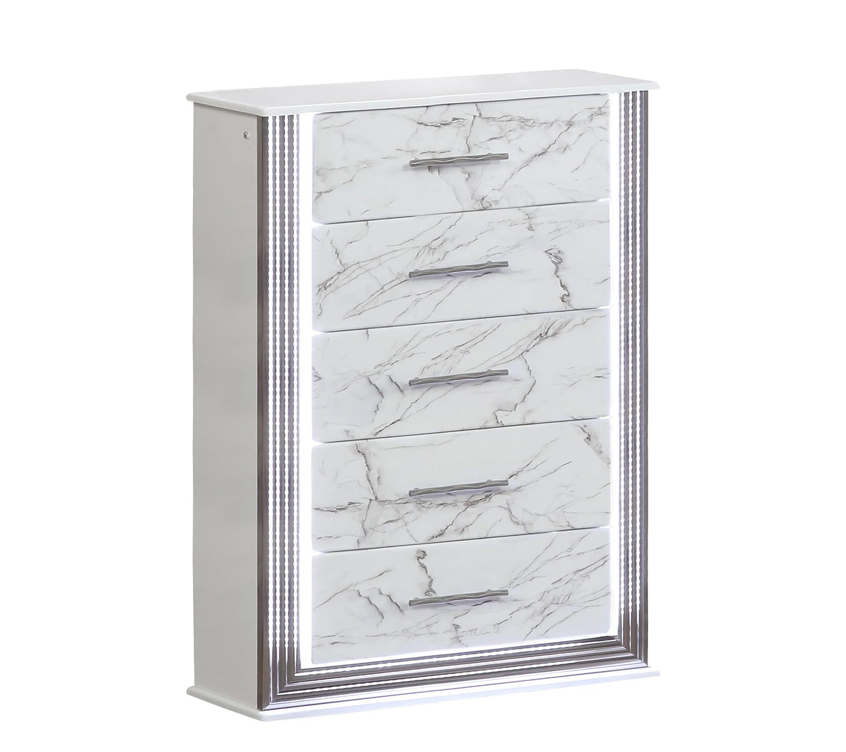 Queen Bed Set LED Upholstered Headboard Marble Finish White - Furniture Home Direct