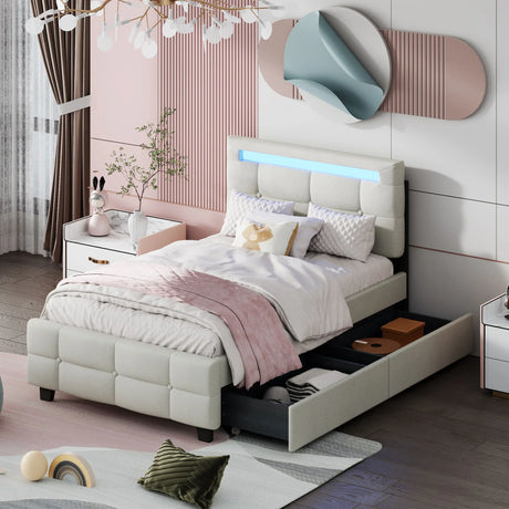Upholstered Platform Bed With LED Frame, With Trundle And 2 Drawers - Furniture Home Direct