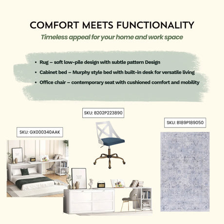 Bedroom Bundle - Queen Murphy bed + Area Rug + Office Chair - Furniture Home Direct