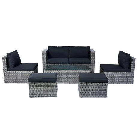 6 Piece Patio Wicker Sectional Set Patio Backyard Conversation Set Space Saving - Gray / Black - Furniture Home Direct