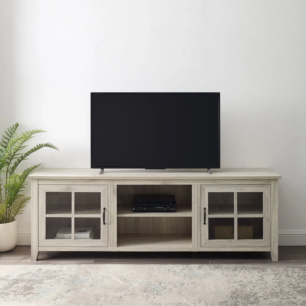 Modern Farmhouse 2 Door Glass Windowpane 70" TV Stand For 80" TVs - Furniture Home Direct