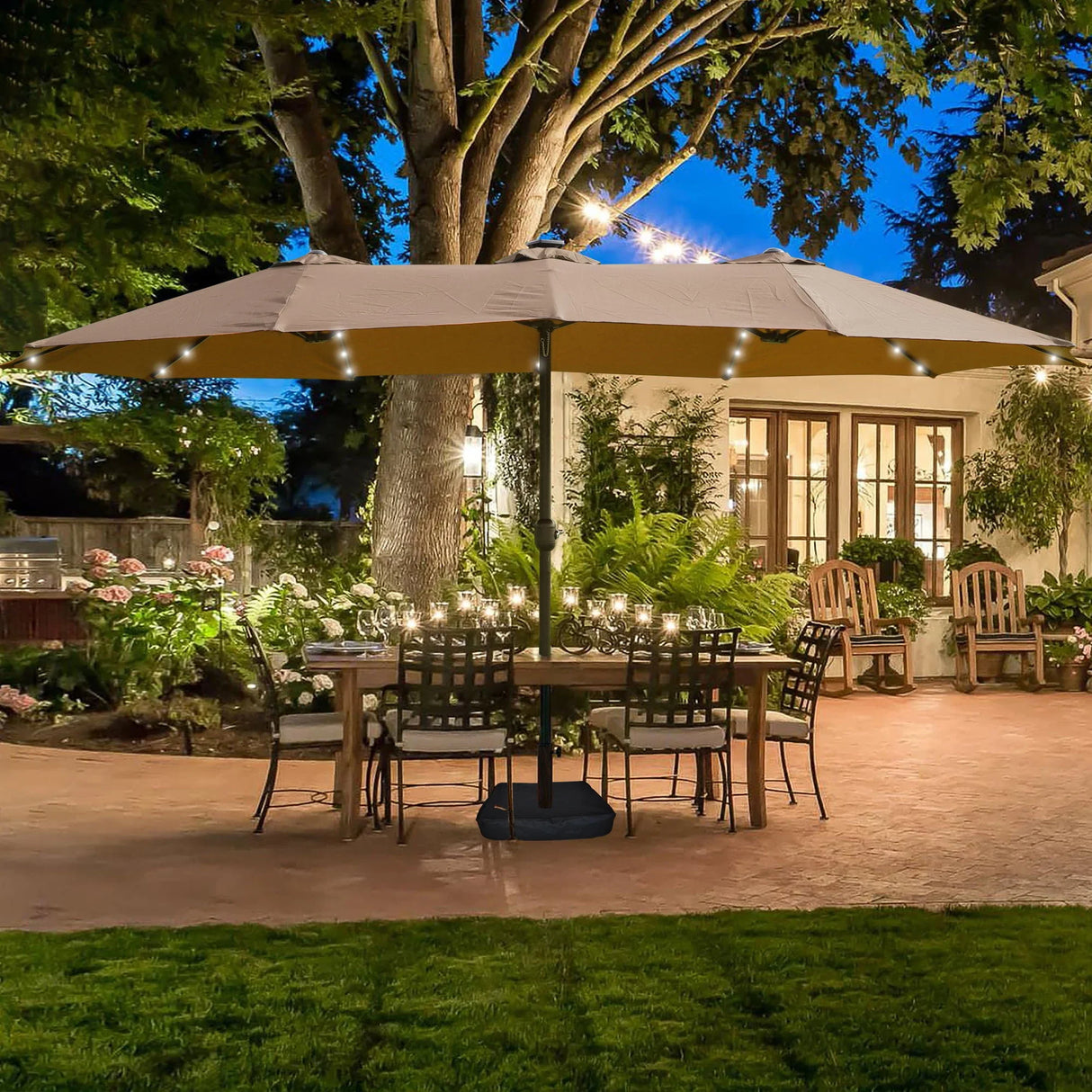 Double- Sided Outdoor Market Umbrella With Lights And Base - Furniture Home Direct