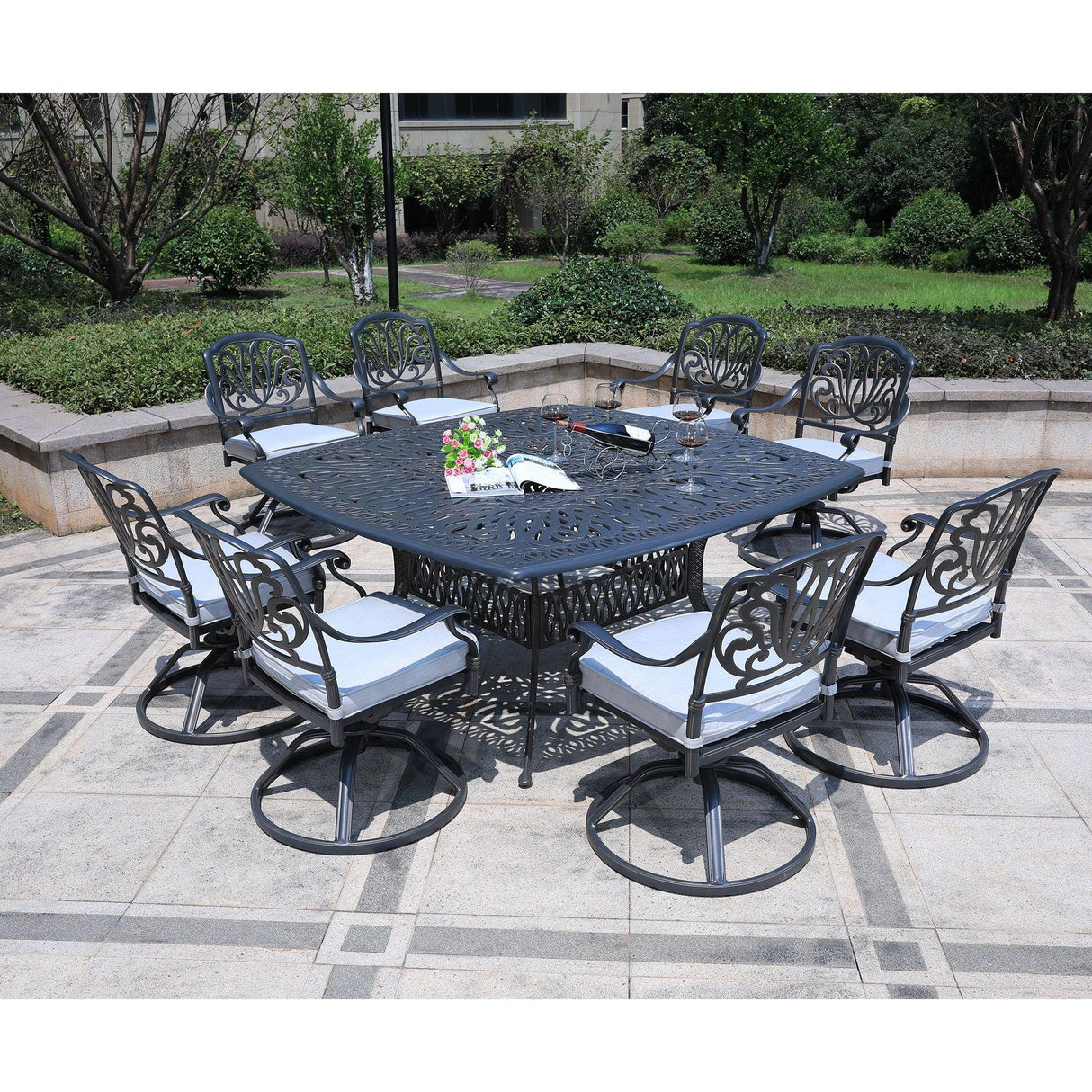 Square 8 Person 64" Long Aluminum Dining Set With Cushions - Furniture Home Direct