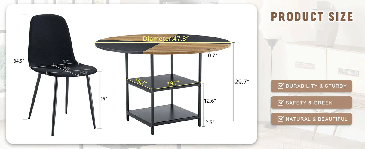 Dining Set Round Table With 4 Chairs Wood Top Black - Furniture Home Direct