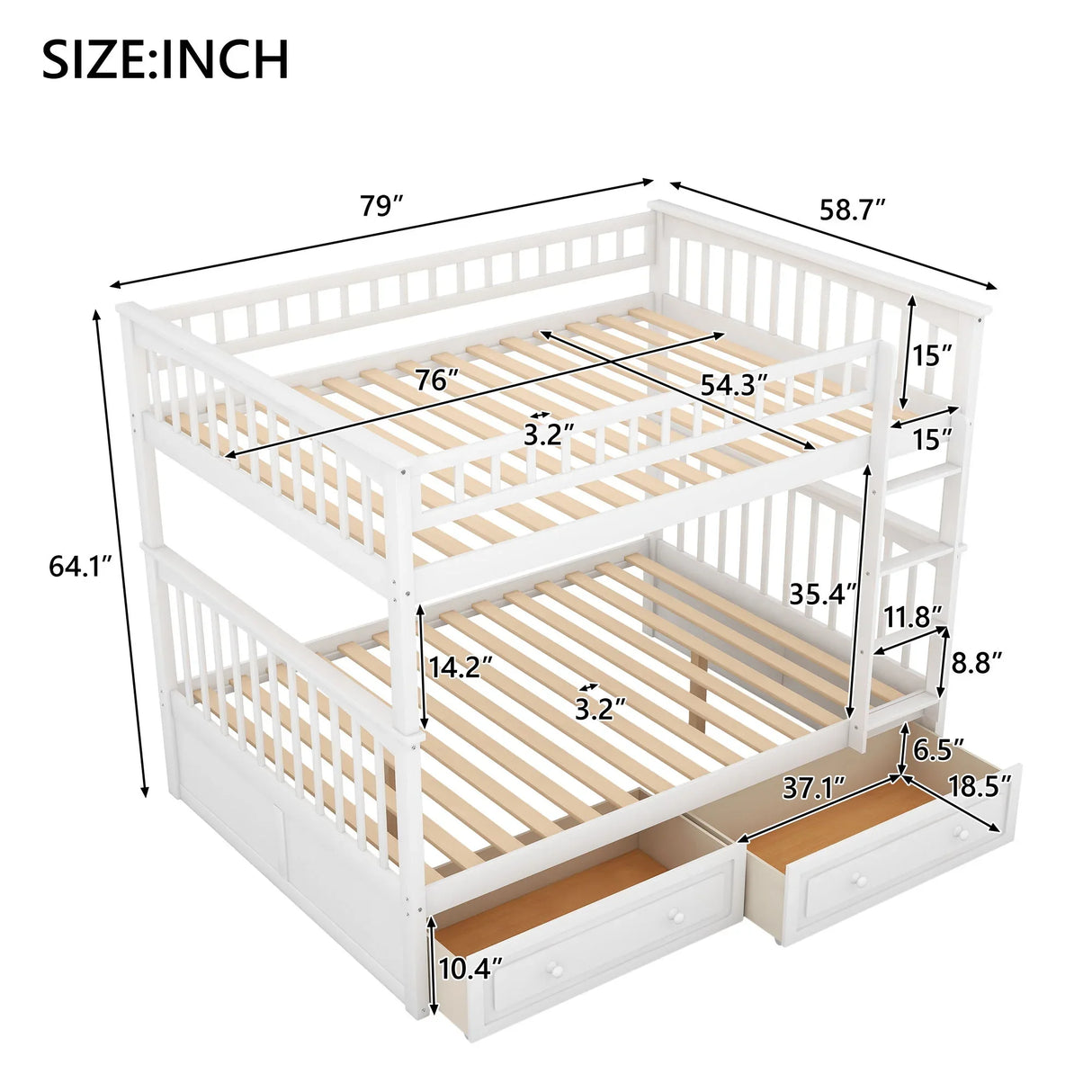 Full Over Full Bunk Bed With Drawers, Convertible Beds - White - Furniture Home Direct