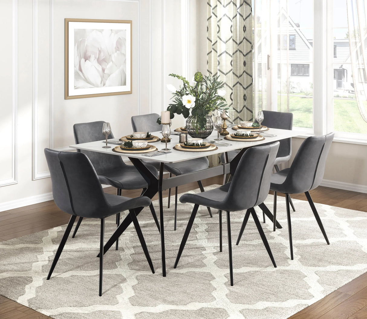 Dining Set Marble Look Table Faux Leather Chairs Gray - Furniture Home Direct