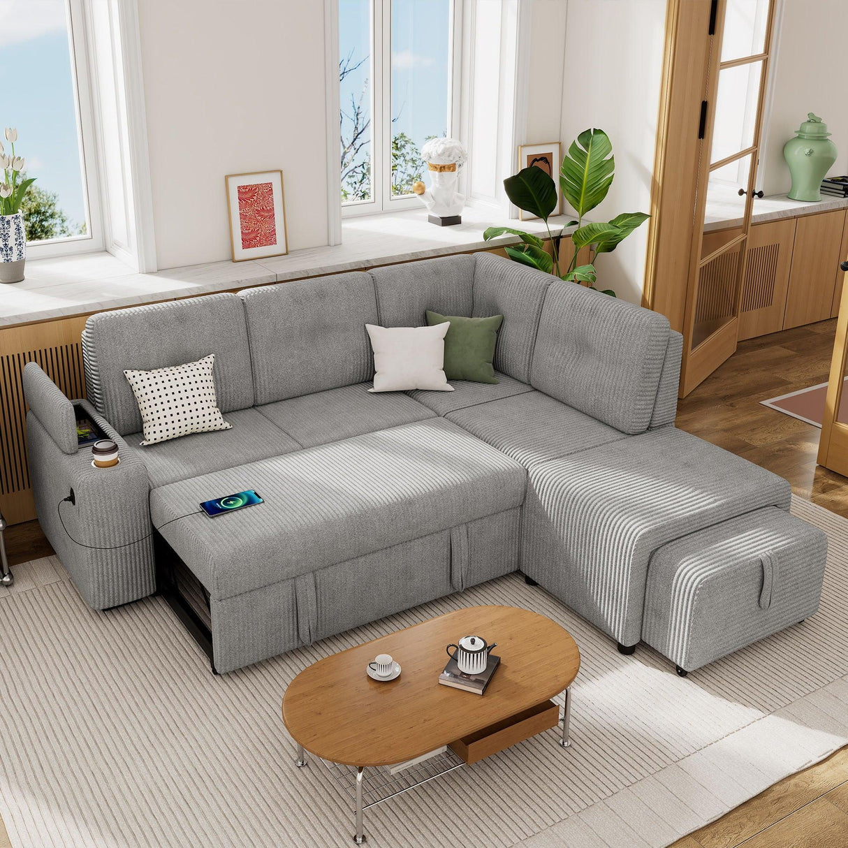 Pull-Out L-Shaped Sectional Sofa With Movable Ottoman And Stool, Large Storage Space, A Cup Holder, And 2 USB Ports For Living Room - Furniture Home Direct
