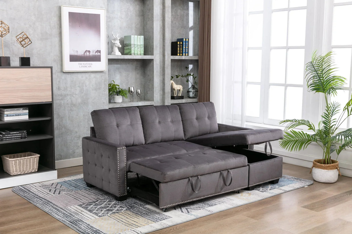Reversible Sectional Storage Sleeper Sofa Bed, L-Shape 2 Seat Sectional Chaise With Storage, Skin-Feeling Velvet Fabric - Furniture Home Direct