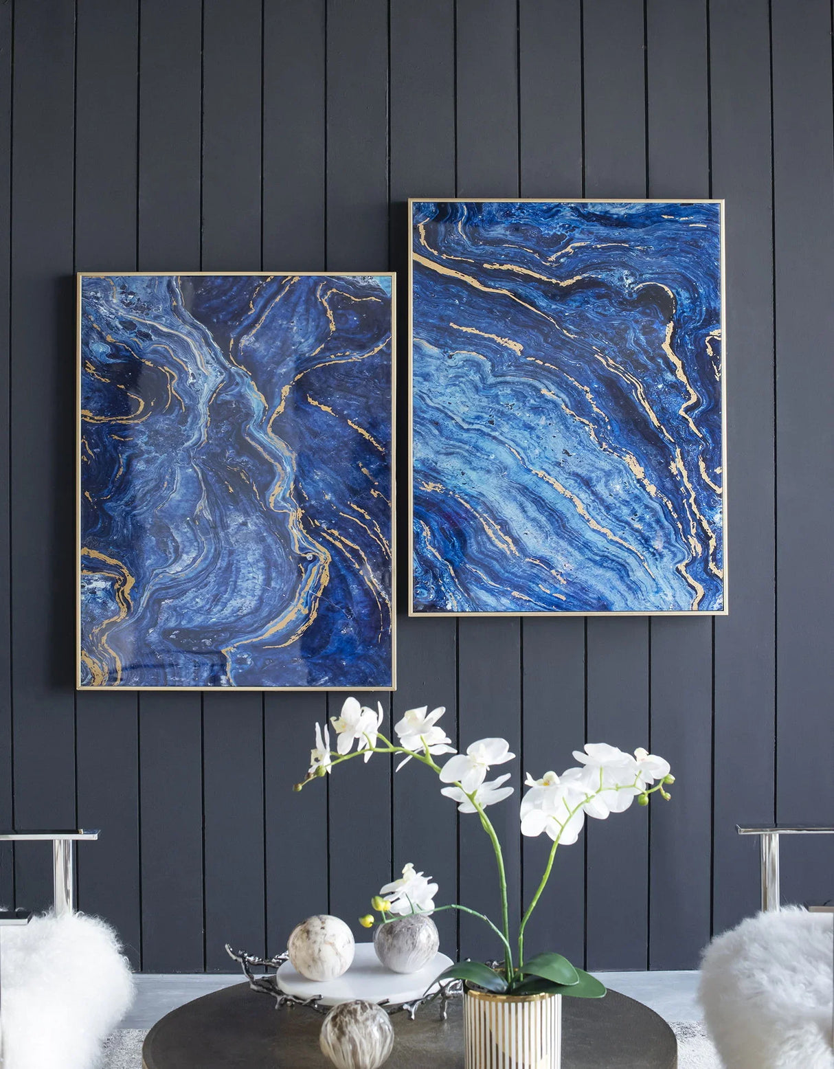 Framed Art Panels, Unique Marbled Design (Set of 2) - Blue - Furniture Home Direct
