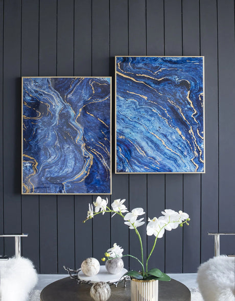 Framed Art Panels, Unique Marbled Design (Set of 2) - Blue - Furniture Home Direct