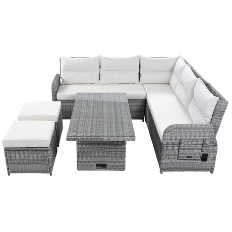 Outdoor Furniture Set Patio Rattan Furniture Set With Adjustable Table, Recliners With Extendable Side Tables And 2 Ottomans - Furniture Home Direct
