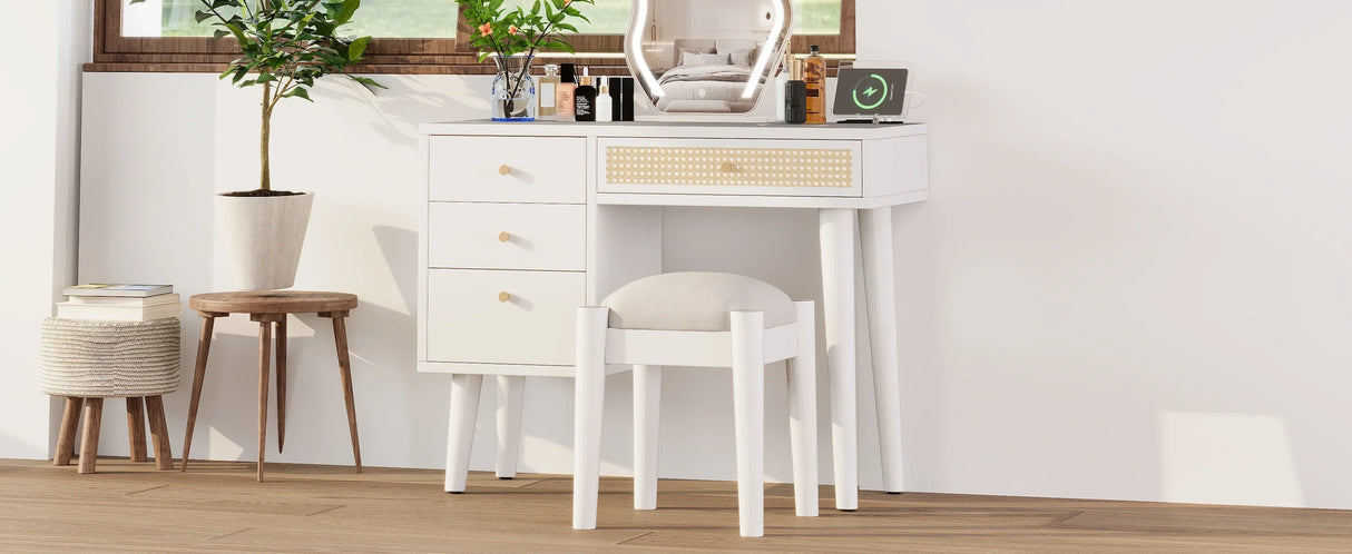 Vanity Desk Bohemian Retro Wood Makeup Station White - Furniture Home Direct