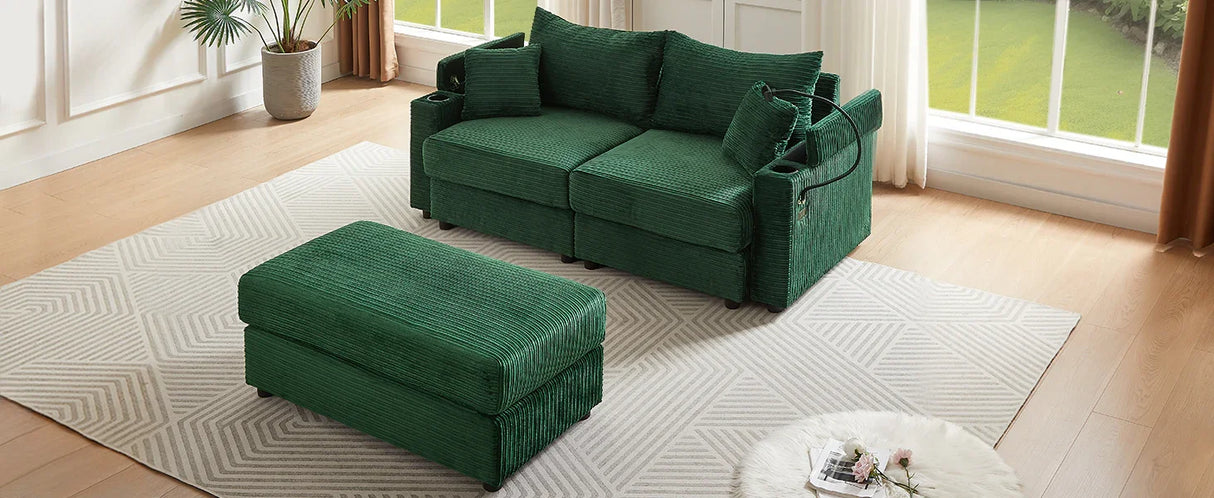 Sofa and Ottoman With Storage, Two USB Ports, Two Cup Holders and Phone Holder - Green - Furniture Home Direct