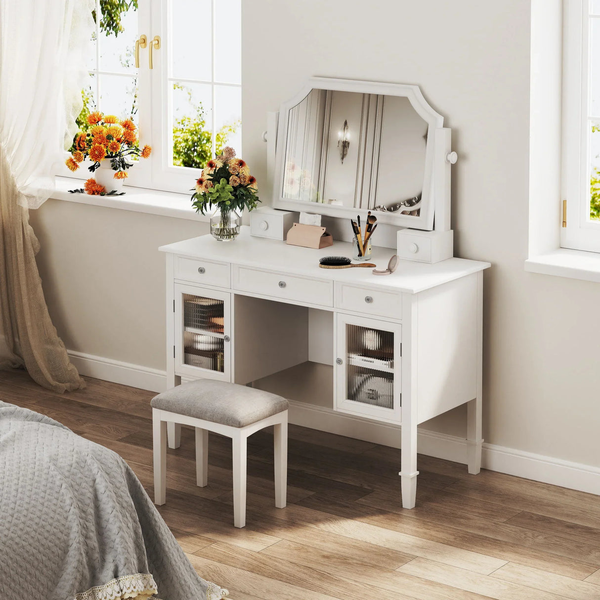 Elegant Makeup Vanity Desk With Adjustable Mirror And Storage And Construction - White - Furniture Home Direct