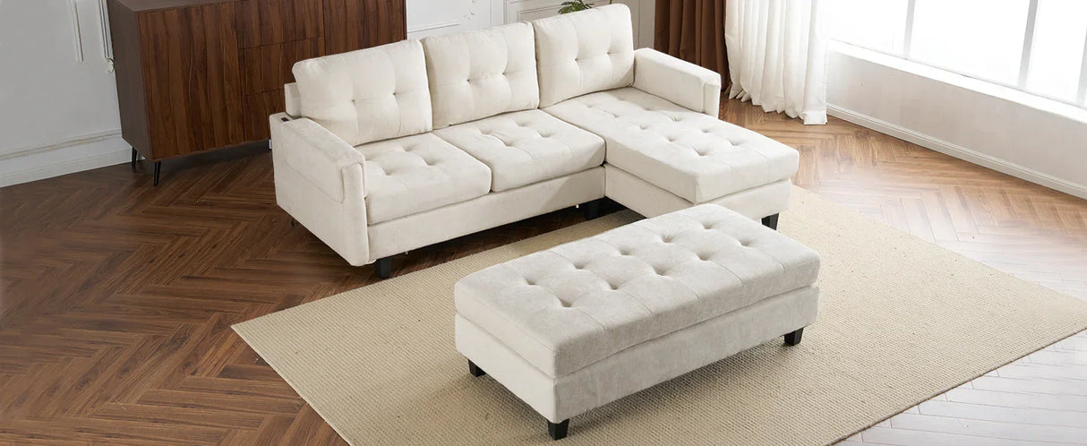 Sleeper Sectional Chenille L Shaped With Chaise Beige - Furniture Home Direct