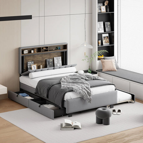 Upholstered Platform Bed With Storage Headboard, Trundle & 2 Drawers And A Set Of Sockets & USB Ports - Furniture Home Direct