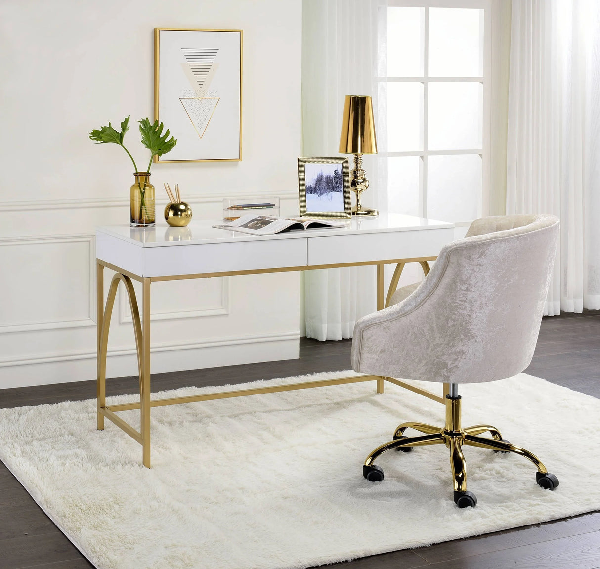 Vanity Desk High Gloss Gold Finish for Bedroom White - Furniture Home Direct