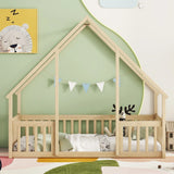 Wood House-Shaped Floor Bed With Fence, Guardrails - Furniture Home Direct