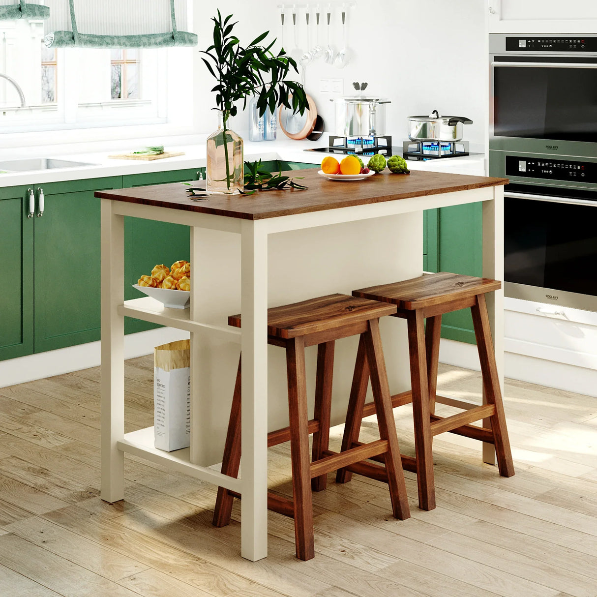 Kitchen Island Set With Stools 45 Inch Top Walnut Off White - Furniture Home Direct