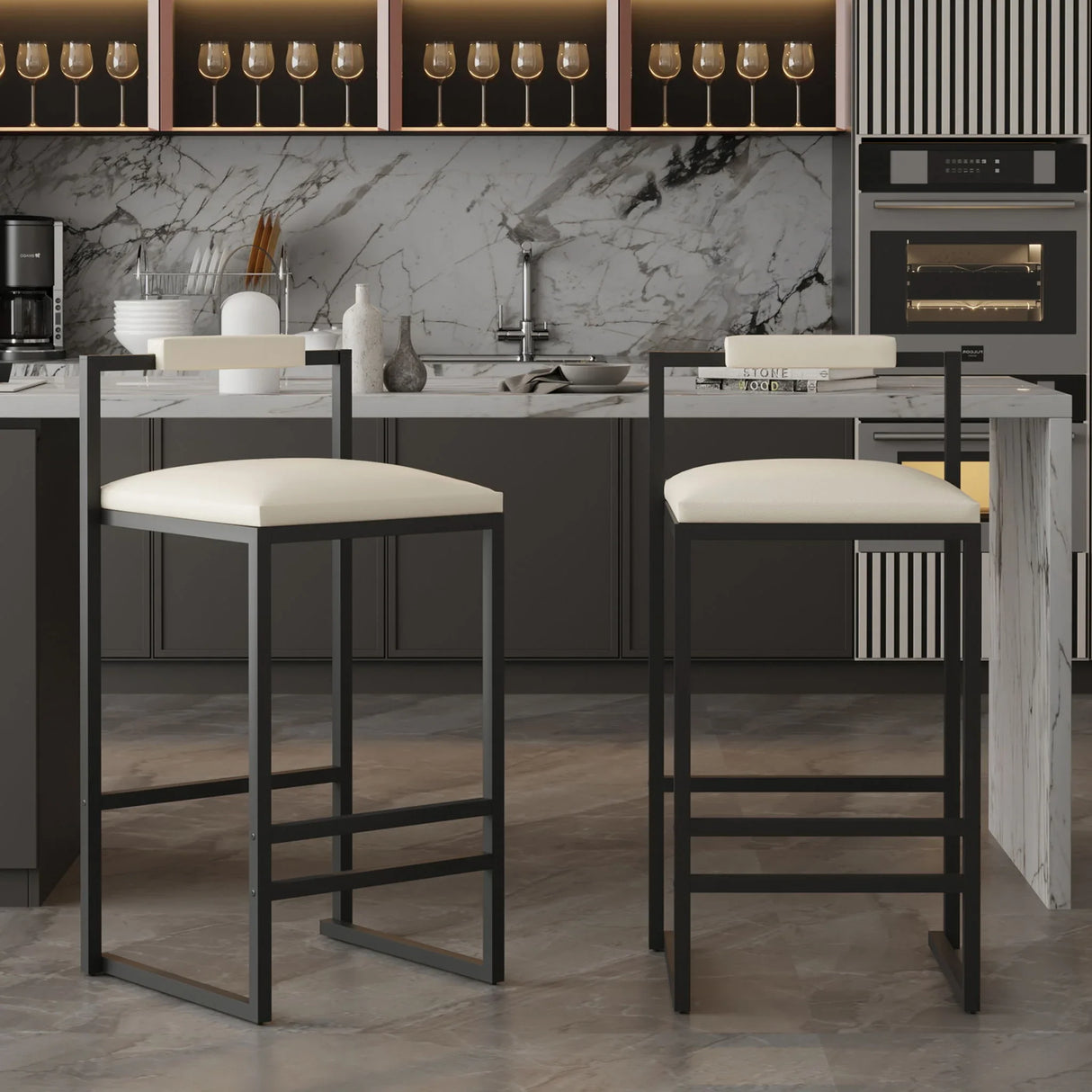 Elegant Bar Stool Set With Backrest And Footrest, Counter Height (Set of 2) - Furniture Home Direct