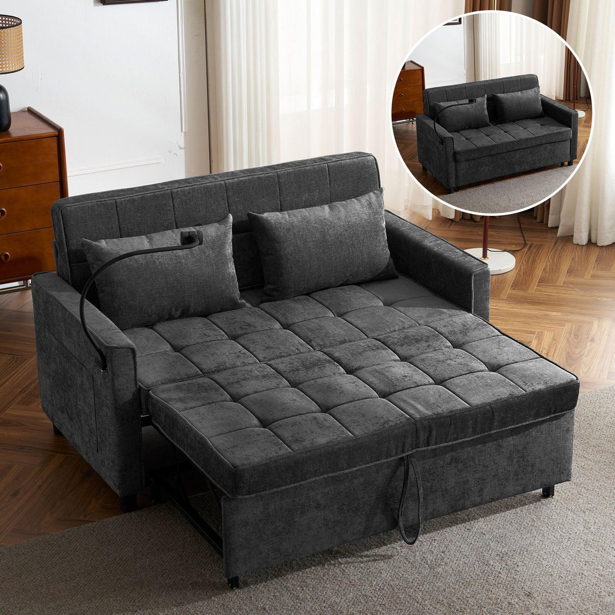 Loveseat Sofa Bed Sleeper With Reversible Backrest, Side Pockets, USB Ports, Phone Holder - Furniture Home Direct