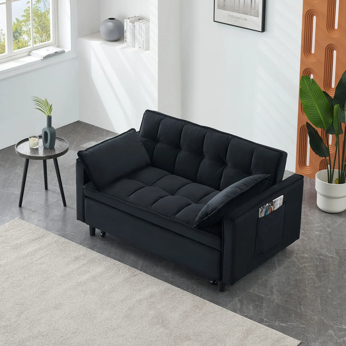 Modern Velvet Sofa, Sofa Pull-Out Bed, Small Love Seat Casual Sofa With Back, With Pillow, Pockets, Living Room Furniture, 3 In 1 Convertible Sleep Sofa Bed - Furniture Home Direct