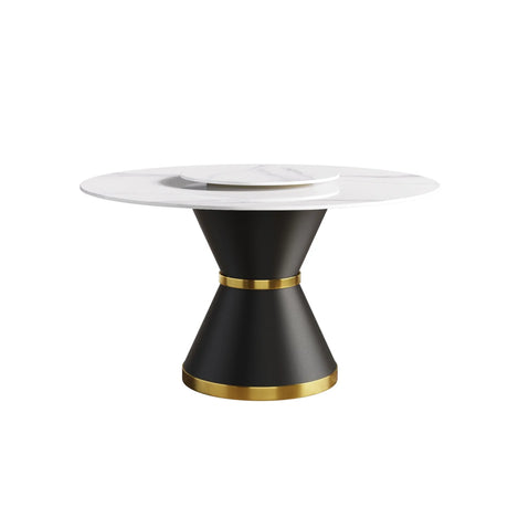 53" Modern Artificial Stone Round Carbon Steel Base Dining Table, Can Accommodate 6 People, Artificial Stone Turntable - White / Black - Furniture Home Direct