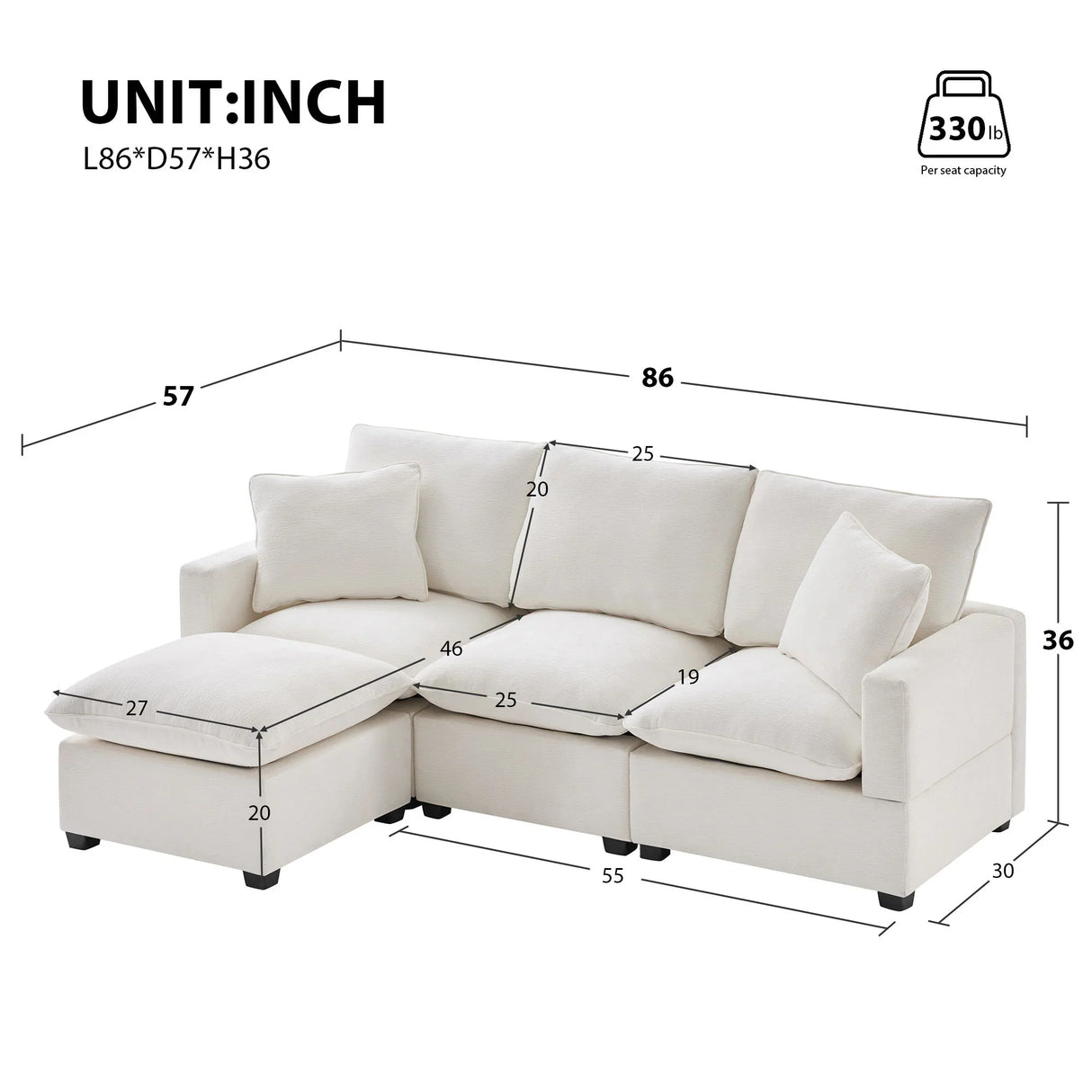 Modern Modular Sofa, 4 Seat Chenille Sectional Couch Set With 2 Pillows Included, Freely Combinable Indoor Funiture For Living Room - Furniture Home Direct
