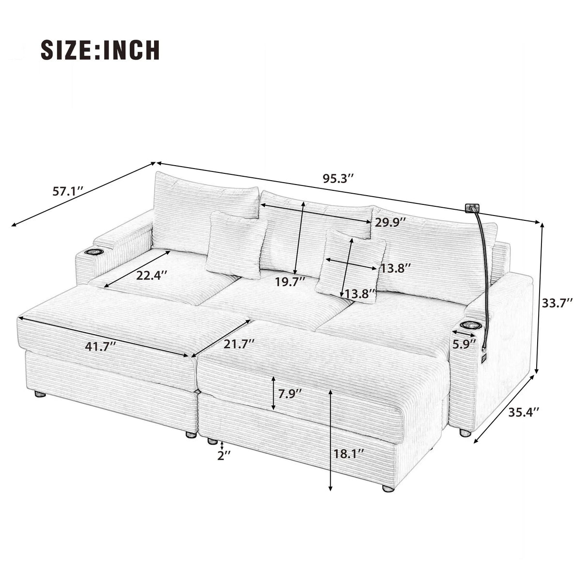 Modern Style Loveseat Sofa Sectional Sofa Couch With Storage Space, A Movable Ottoman, Two USB Ports, Two Cup Holders, A Phone Holder For Living Room - Furniture Home Direct