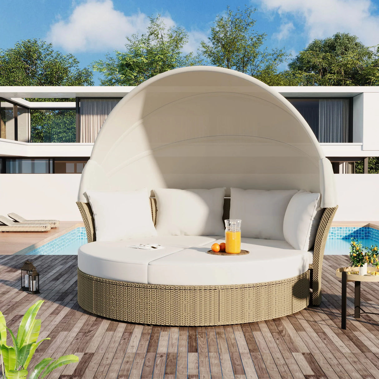 Outdoor Patio Daybed Wicker Rattan Double Daybed Round Sofa Furniture Set With Retractable Canopy, 4 Pillows For Lawn Garden - Furniture Home Direct
