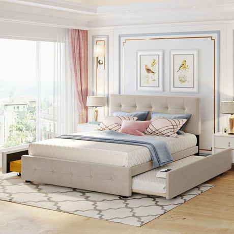 Upholstered Platform Bed With Classic Headboard And Drawers, No Box Spring Needed - Furniture Home Direct