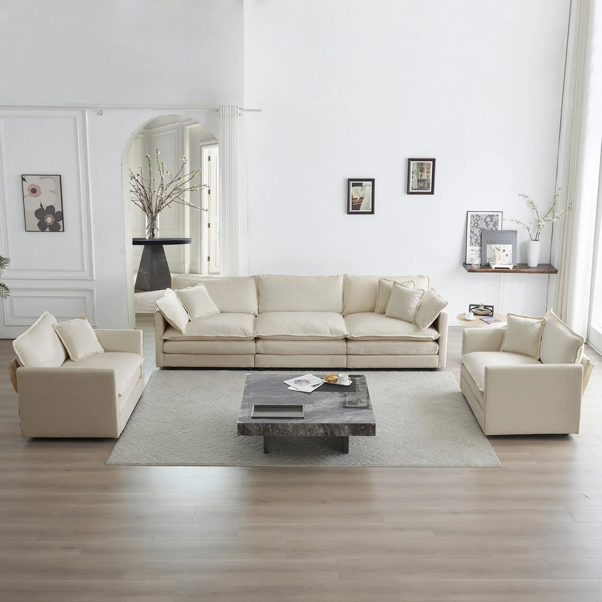 3 Pc Living Room Set with Sofa and Two Chairs, Beige Chenille - Furniture Home Direct