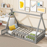 Tent-Shaped Floor Bed, With Guardrails, Slats, Door - Furniture Home Direct