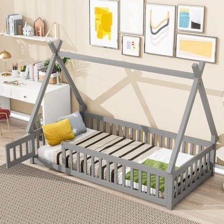 Tent-Shaped Floor Bed, With Guardrails, Slats, Door - Furniture Home Direct