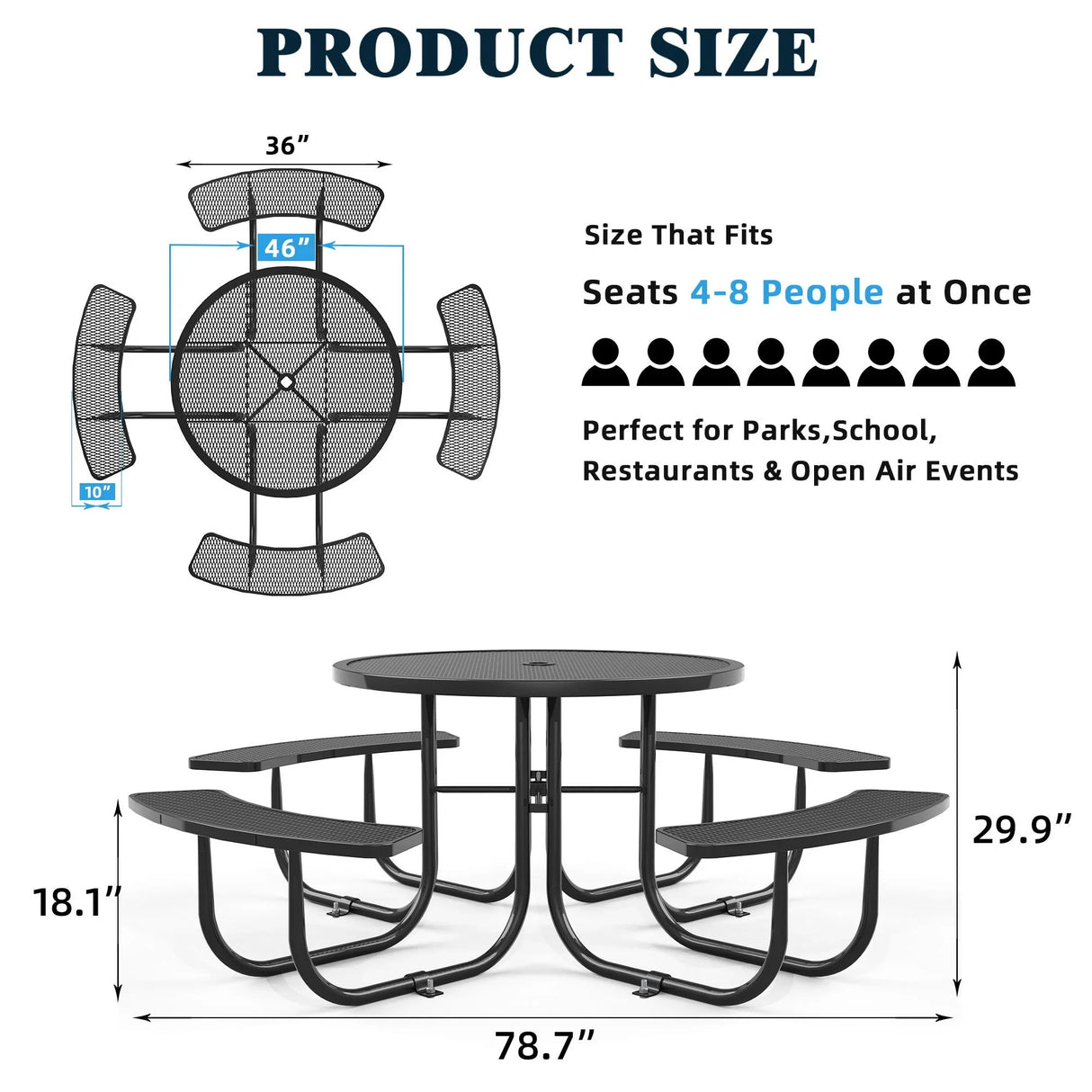 Round Outdoor Steel Picnic Table With Umbrella Pole - Black - Furniture Home Direct