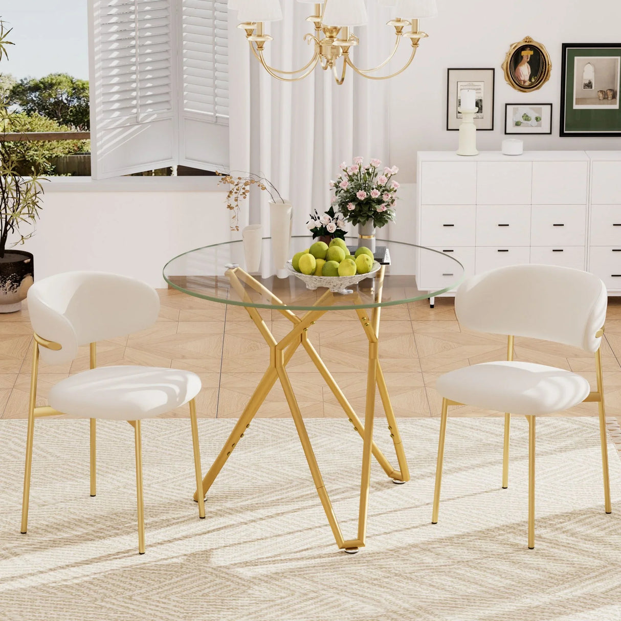 Modern Round Tempered Glass Dining Table With Sturdy Metal Legs For 1 - 4 People - Gold - Furniture Home Direct