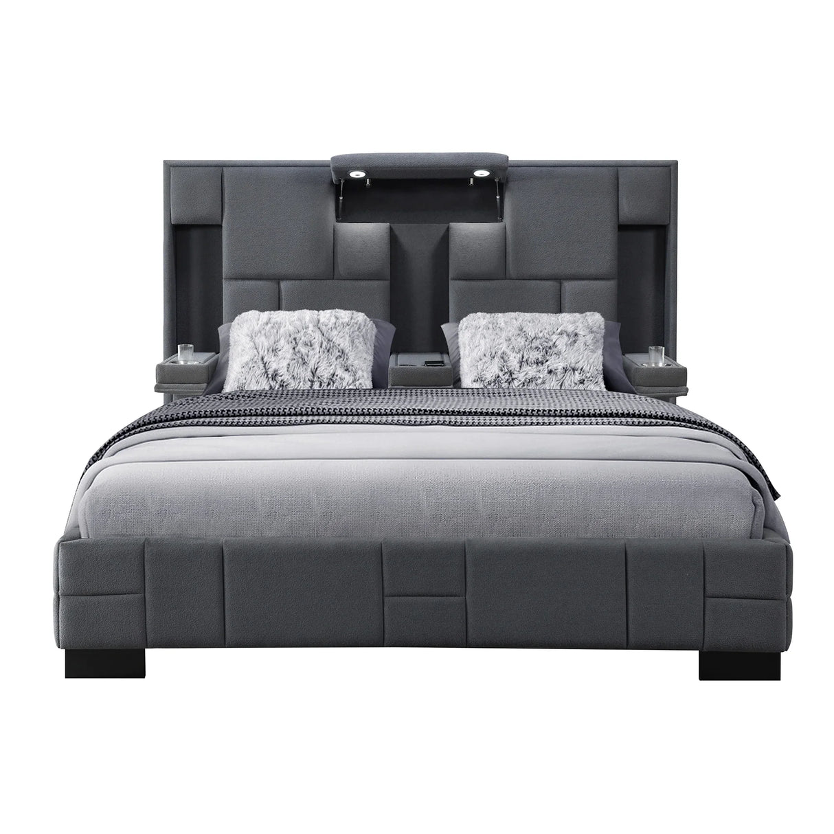 Queen Bed Upholstered Modern Paneled Frame Dark Gray - Furniture Home Direct