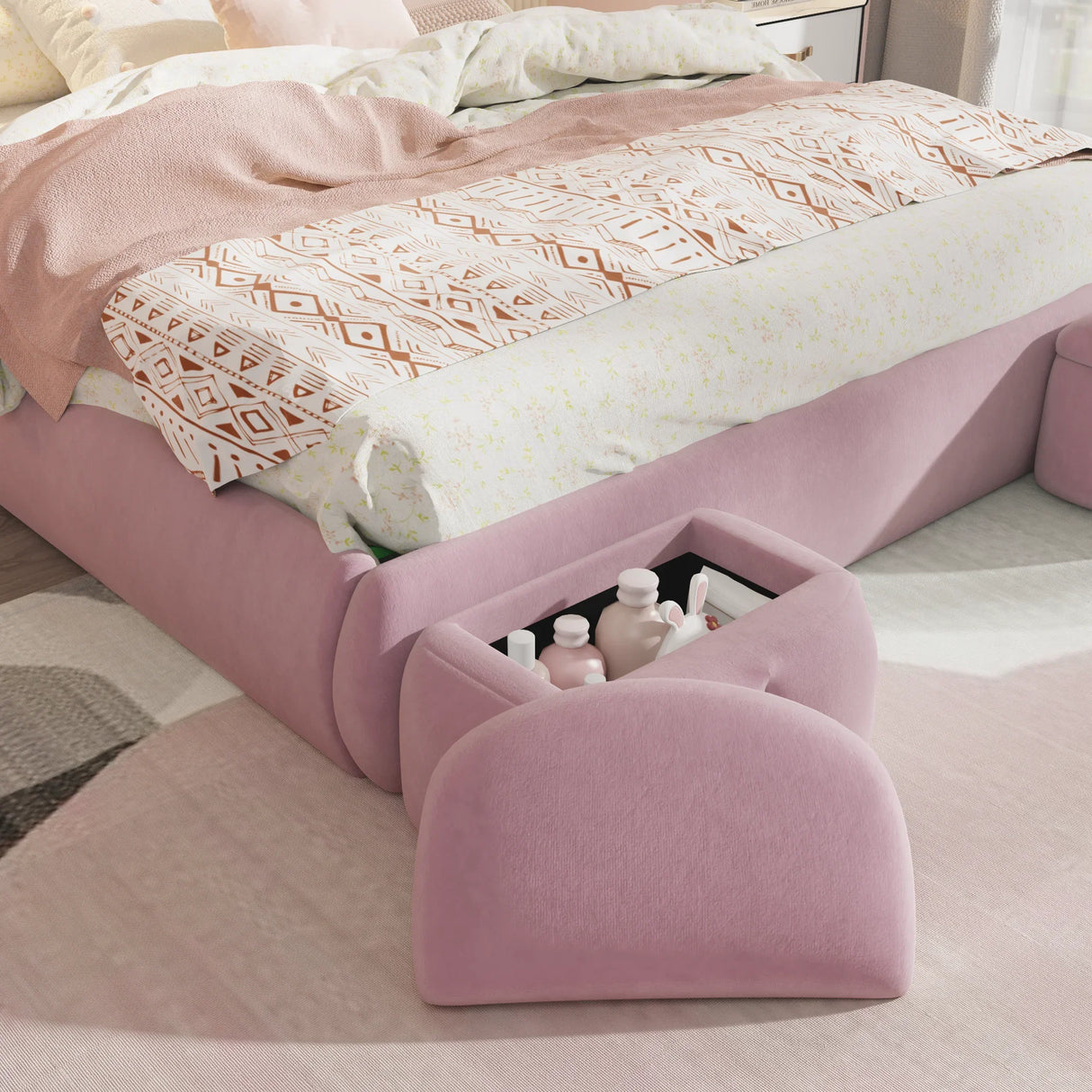 Full Size Upholstered Platform Bed with Cartoon Ears Shaped Headboard and Light, Pink - Furniture Home Direct