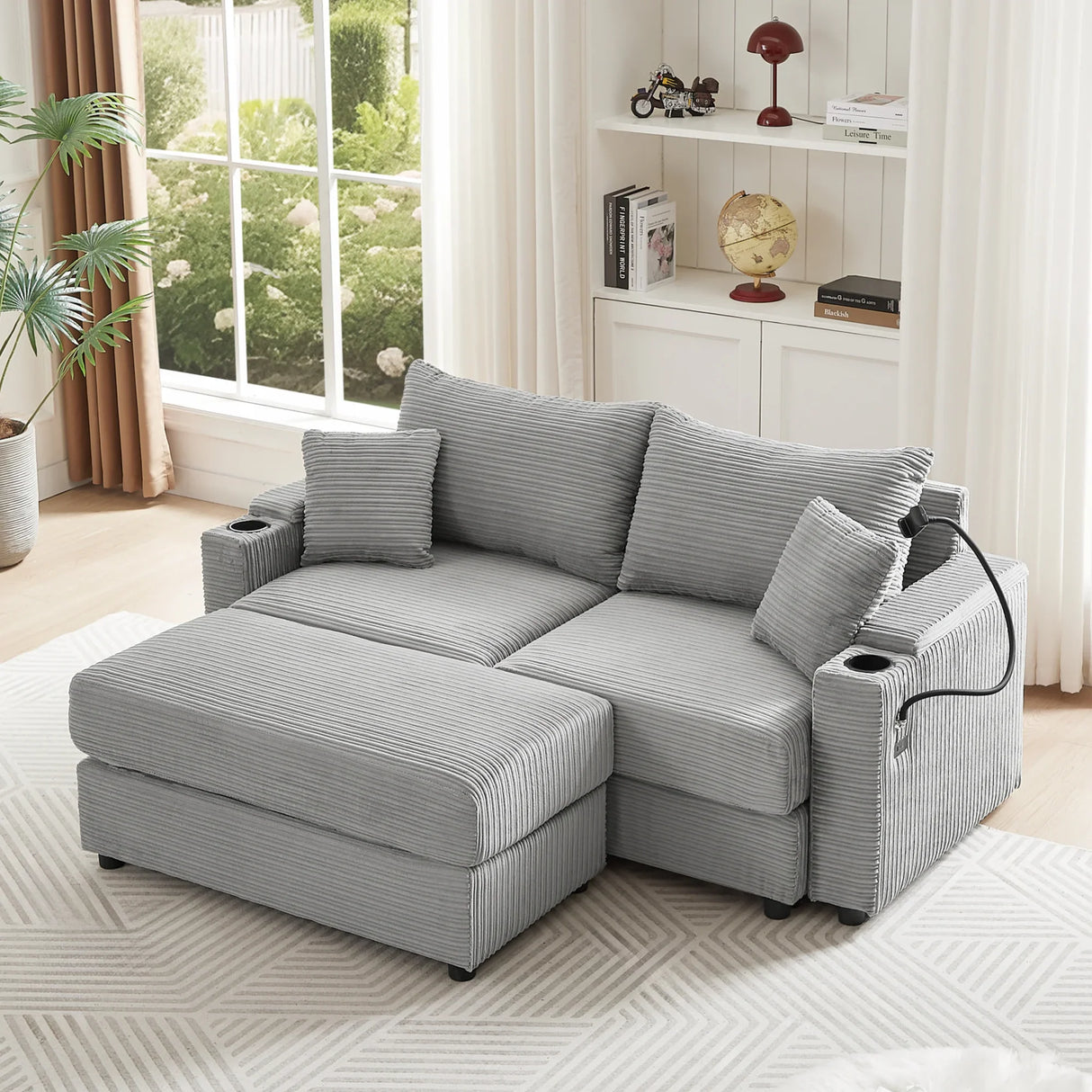 Modern Style Loveseat With Storage, Ottoman, Two USB Ports, Two Cup Holders and Phone Holder - Gray - Furniture Home Direct