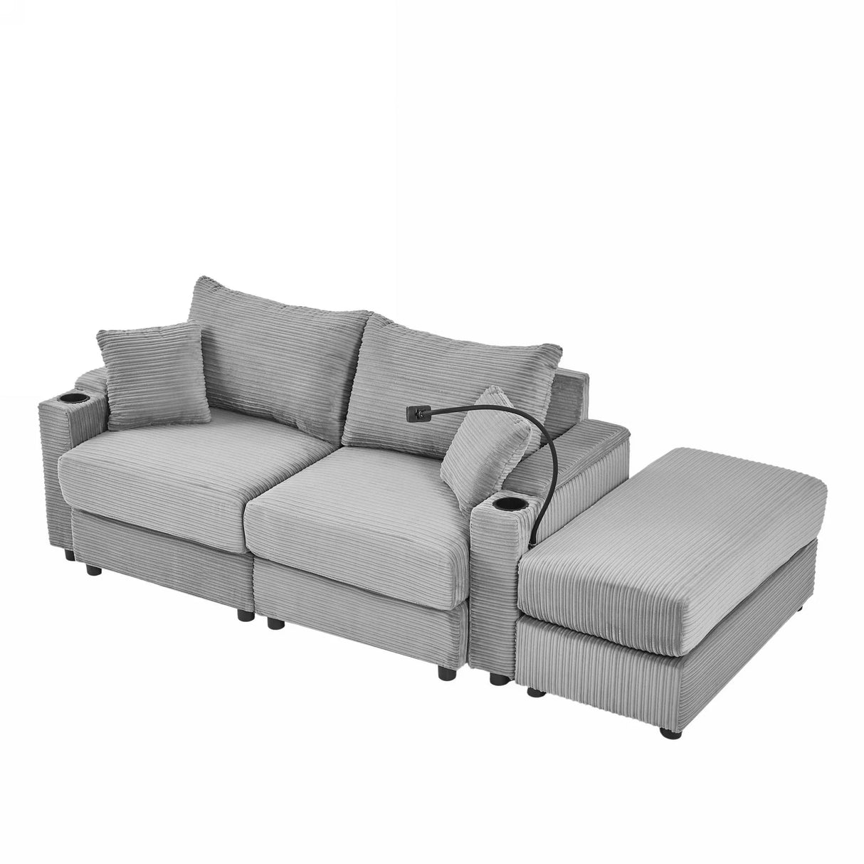 Modern Style Loveseat With Storage, Ottoman, Two USB Ports, Two Cup Holders and Phone Holder - Gray - Furniture Home Direct