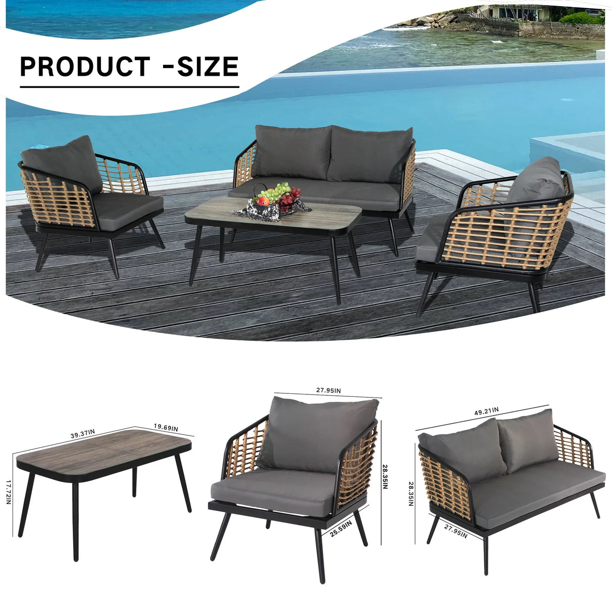 4 Pieces Patio Furniture Set, PE Rattan Wicker With Washable Cushion And Tempered Glass Tabletop, Conversation Furniture For Garden Poolside Balcony - Furniture Home Direct
