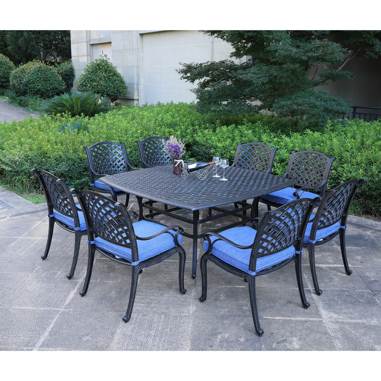 Square 8 Person 63.98" Long Dining Set With Dupione Brown Cushions - Furniture Home Direct