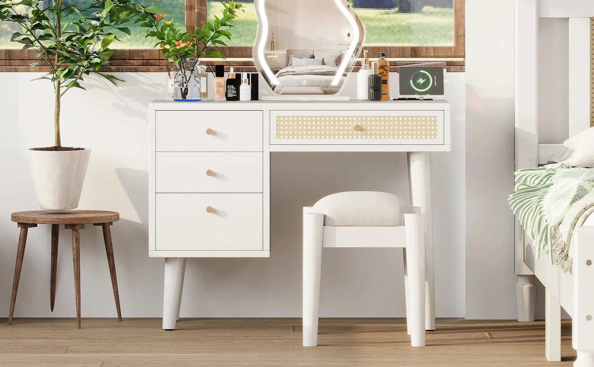 Vanity Desk Bohemian Retro Wood Makeup Station White - Furniture Home Direct