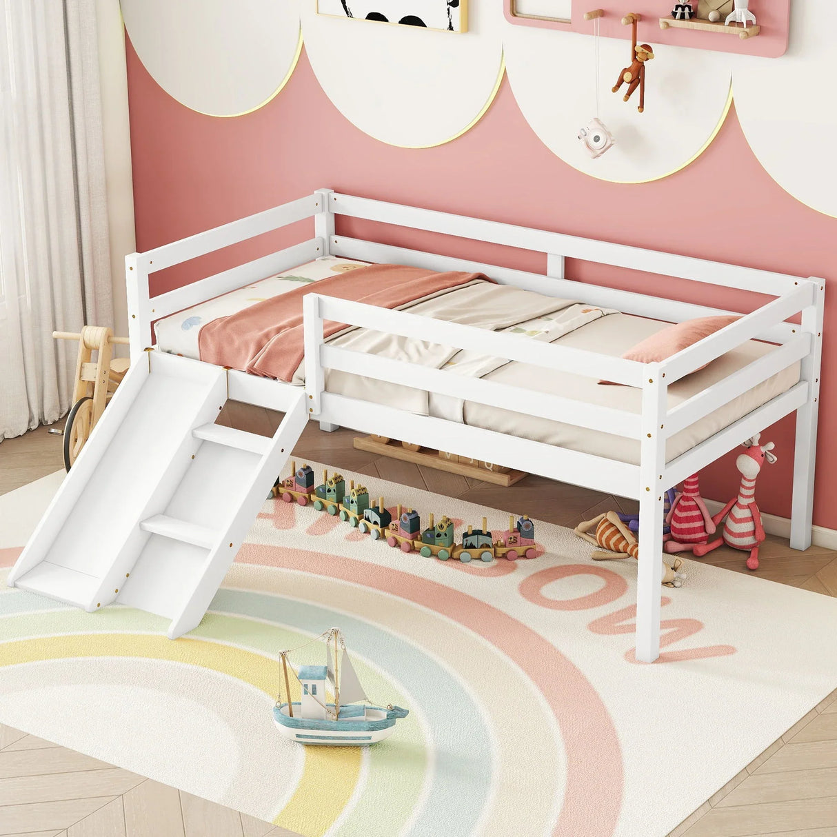 Low Loft Bed With Slide, Ladder, Safety Guardrails, No Box Spring Needed - Furniture Home Direct