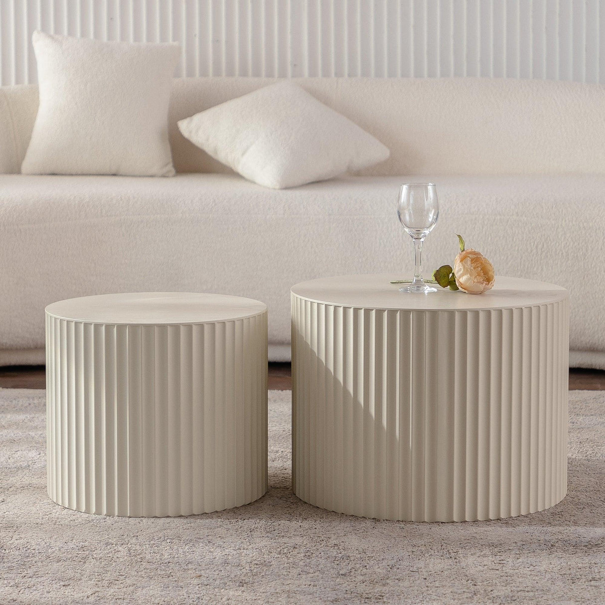 Nesting Coffee Tables Set of 2 Modern Round Soft Beige - Furniture Home Direct