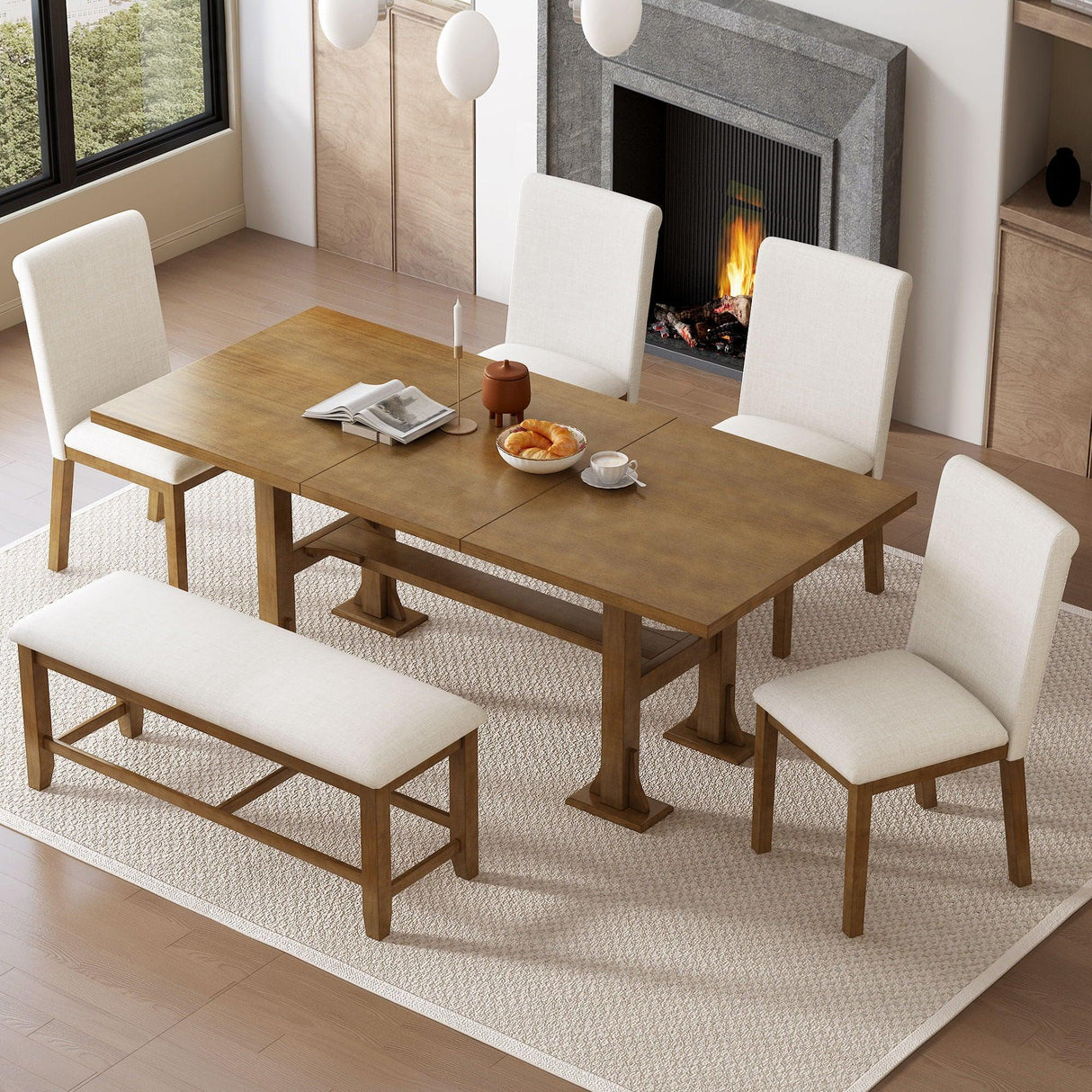 Topmax - 6 Piece Farmhouse Extendable Dining Table Set Trestle Kitchen Table Set With Removable Leaf And Upholstered Dining Chair And Bench For Dining Room - Furniture Home Direct