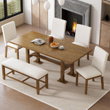Topmax - 6 Piece Farmhouse Extendable Dining Table Set Trestle Kitchen Table Set With Removable Leaf And Upholstered Dining Chair And Bench For Dining Room - Furniture Home Direct